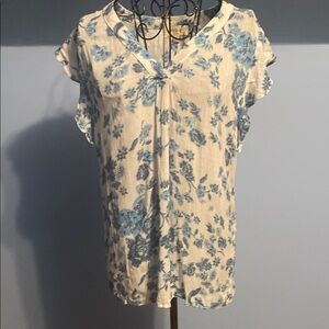 Cynthia Rowley Cream and Blue Ruffled Blouse with Mandarin Collar
